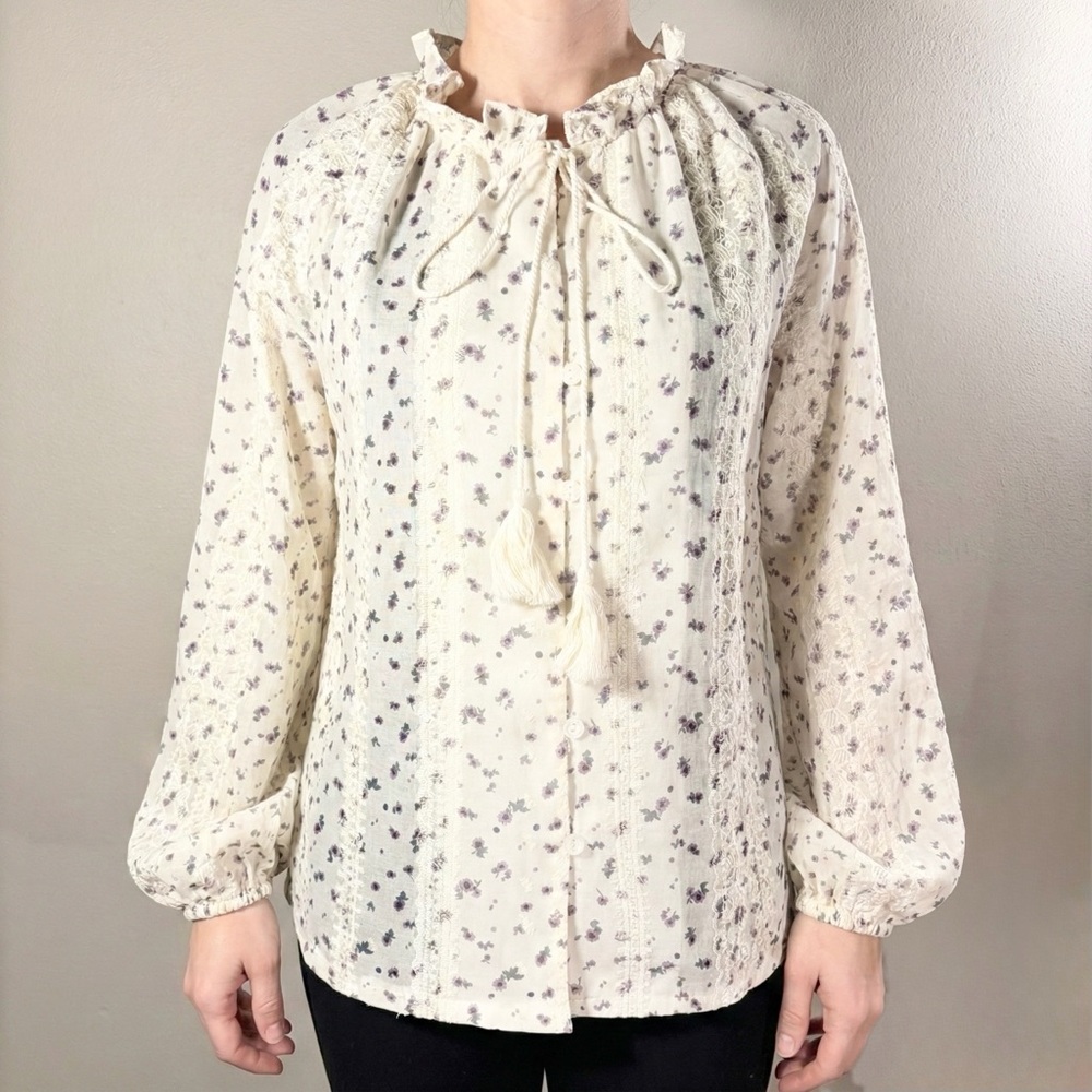 Knox Rose Boho Floral Embroidered Lace Peasant Top Cream Purple Tassel Tie S EUC